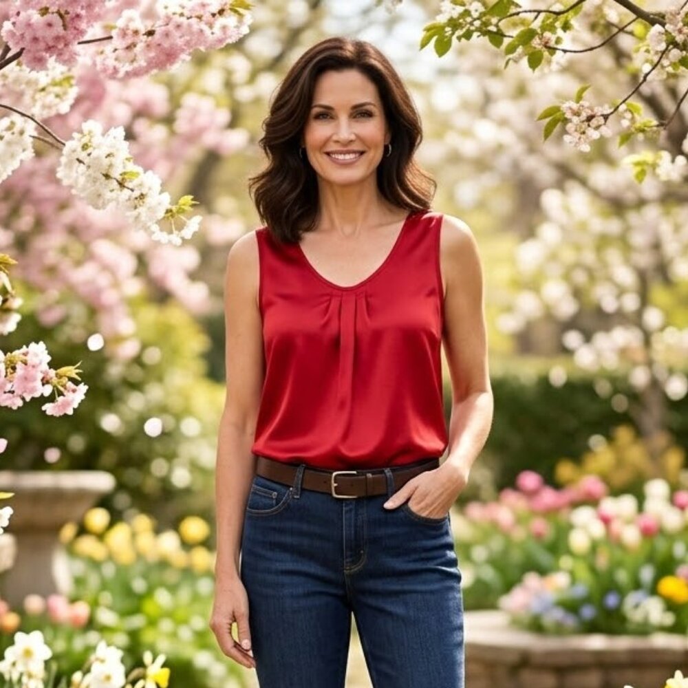 EUC Chico’s Red Satin Pleated Neck Sleeveless Tank Top L